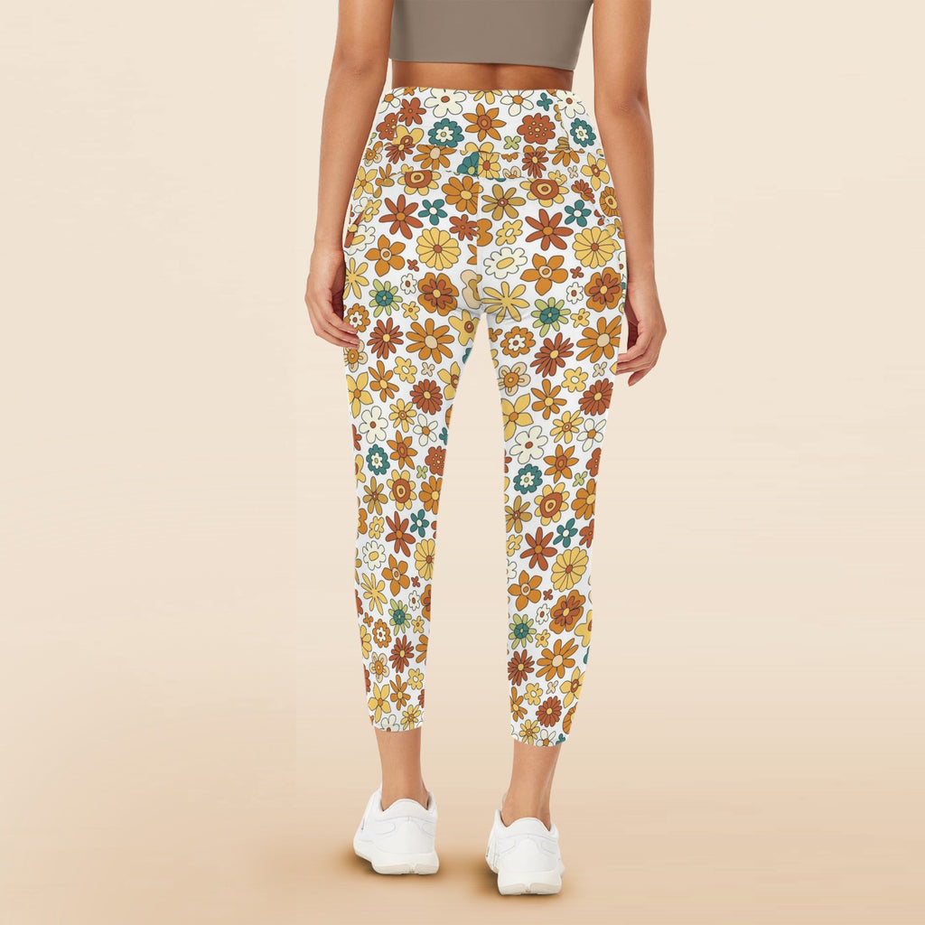 70's Style Floral Women's High Waist Pockets Yoga Leggings