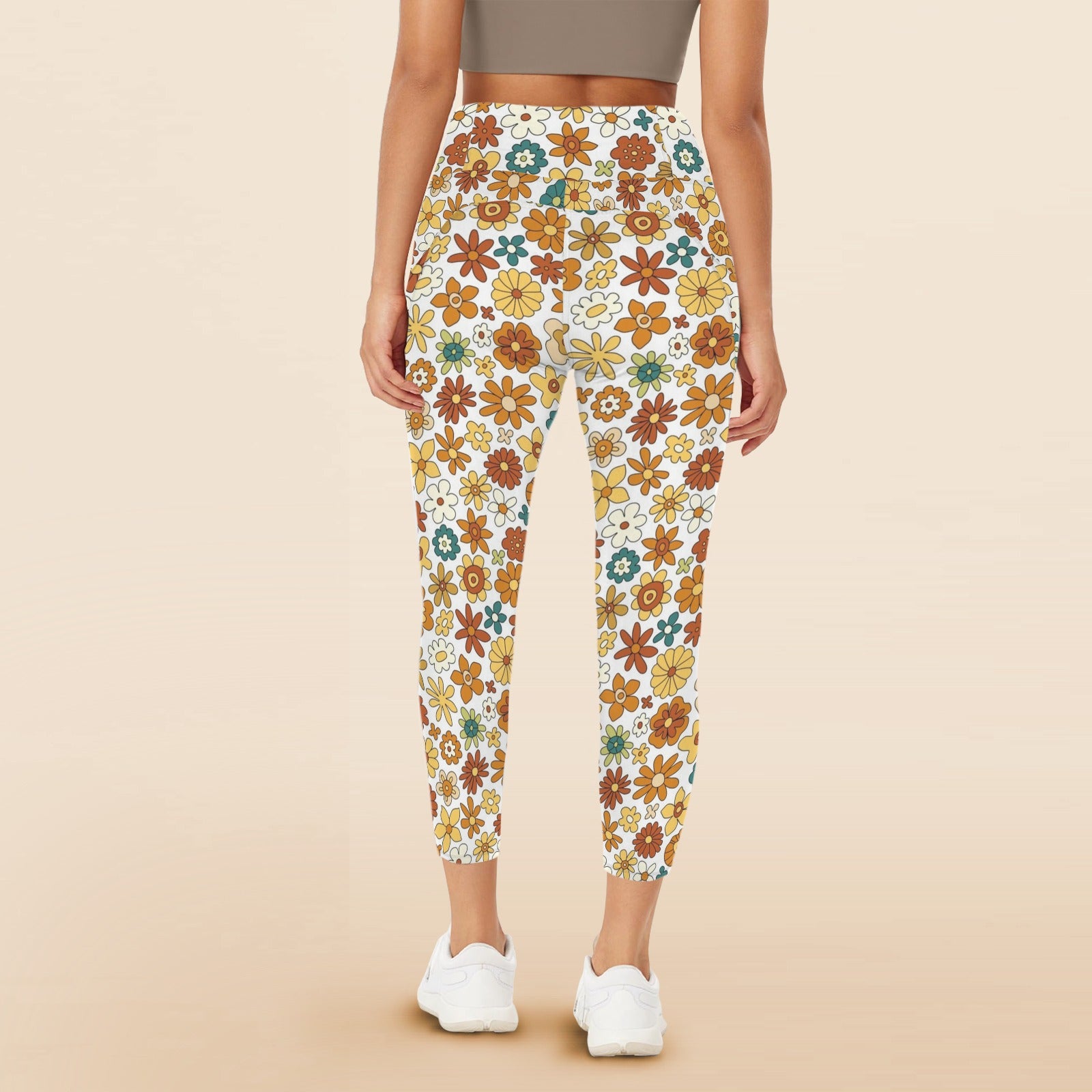 70's Style Floral Women's High Waist Pockets Yoga Leggings