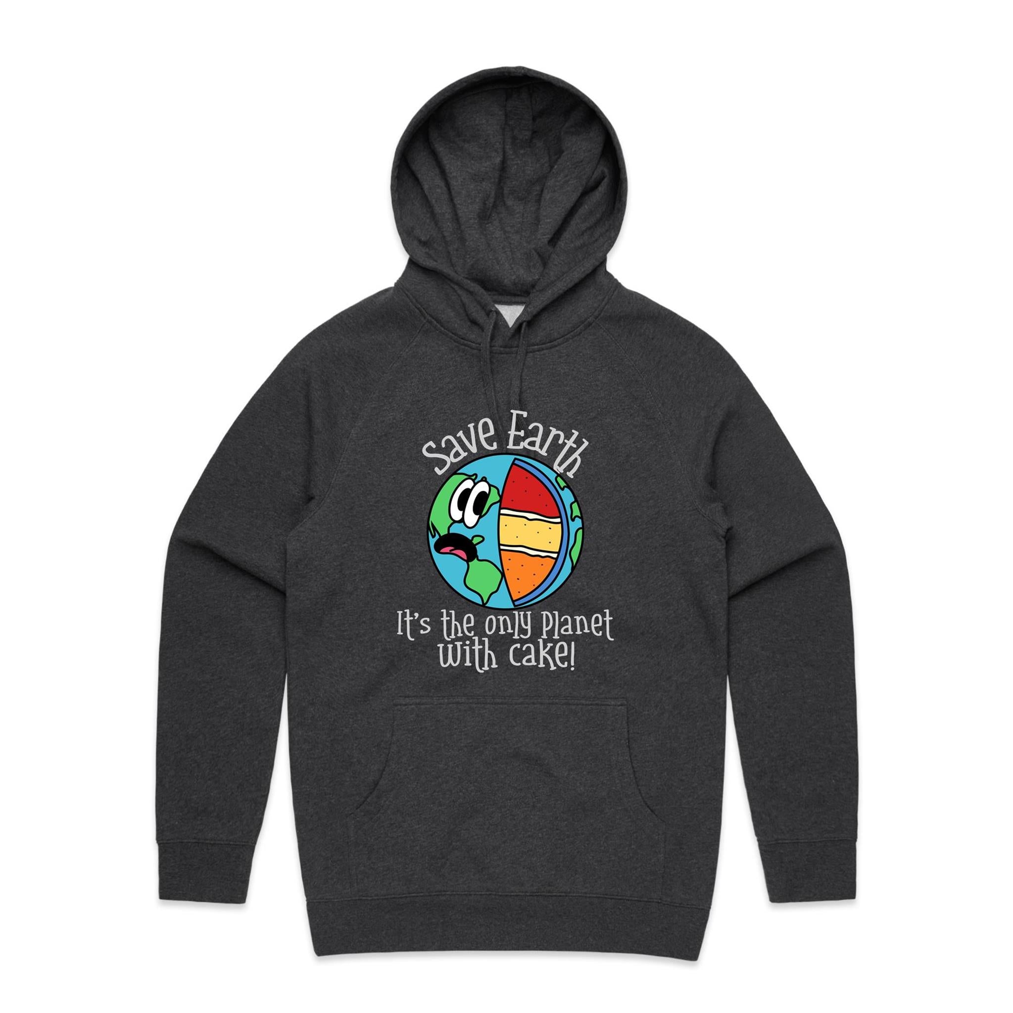 Save Earth, Its The Only Planet With Cake - Mens Hoodie Asphalt Marle Mens Hoodie Environment Food Printed In Australia