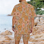 Orange Retro Floral Men's Hawaiian Shirt & Shorts Set
