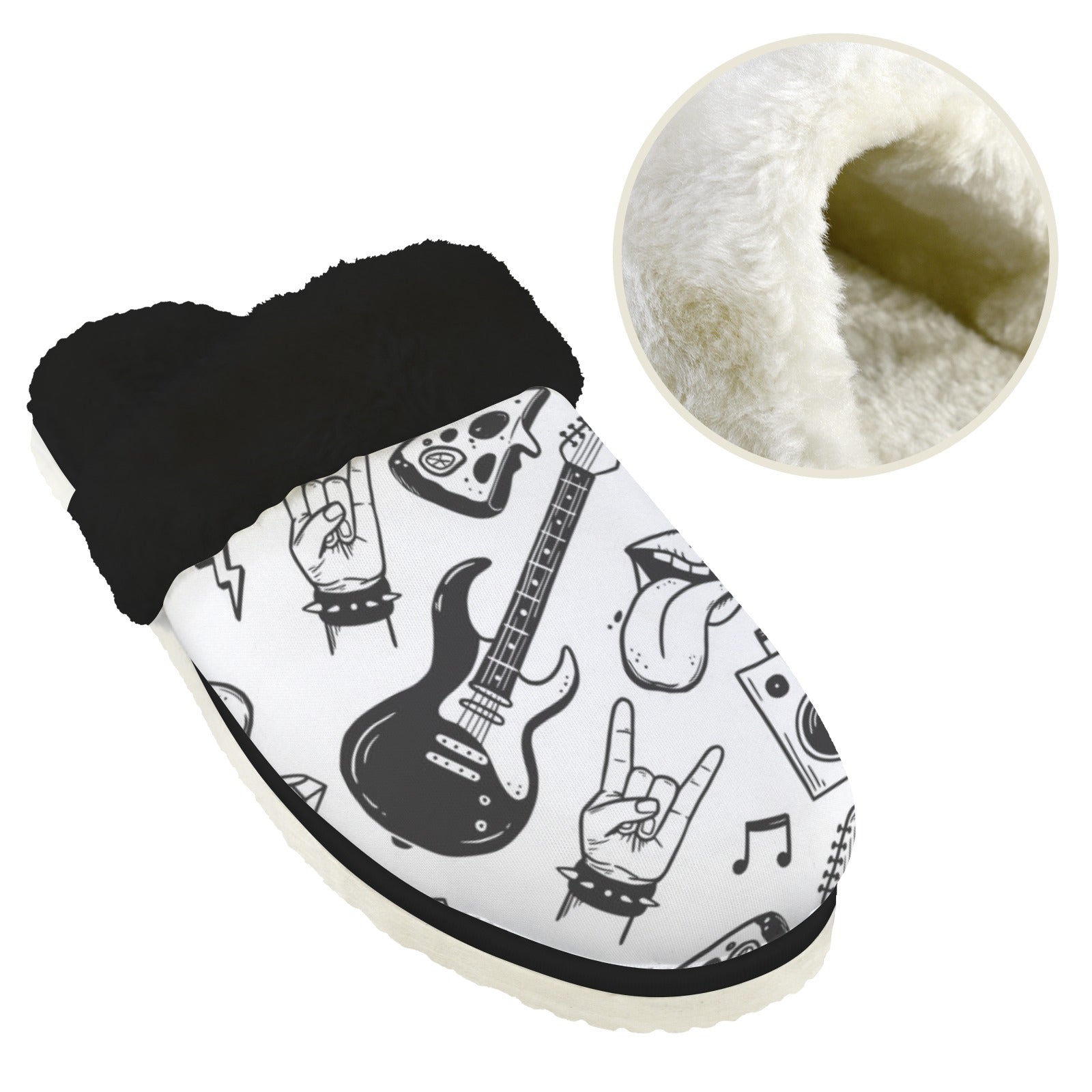 Rock Music Men's Fur Trim Thick-Sole Indoor Slippers Men's Fur Trimmed Slippers Music Printed Offshore