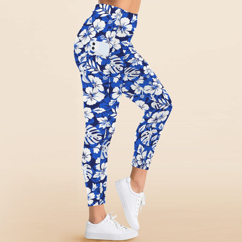 Blue Hawaiian Floral - Women's High Waist Pockets Yoga Leggings