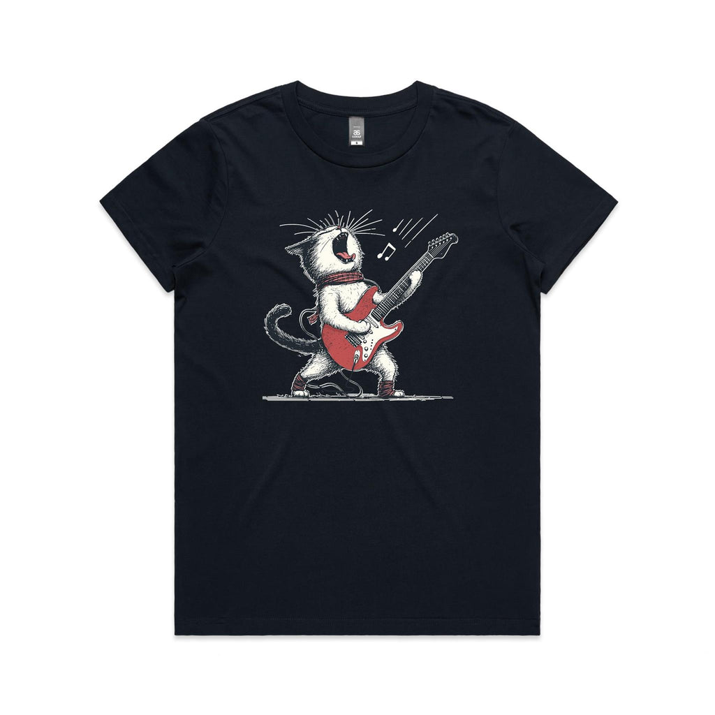 Cat Playing Guitar Women's AS Colour T-shirt Navy Womens T-shirt animal Music Printed In Australia