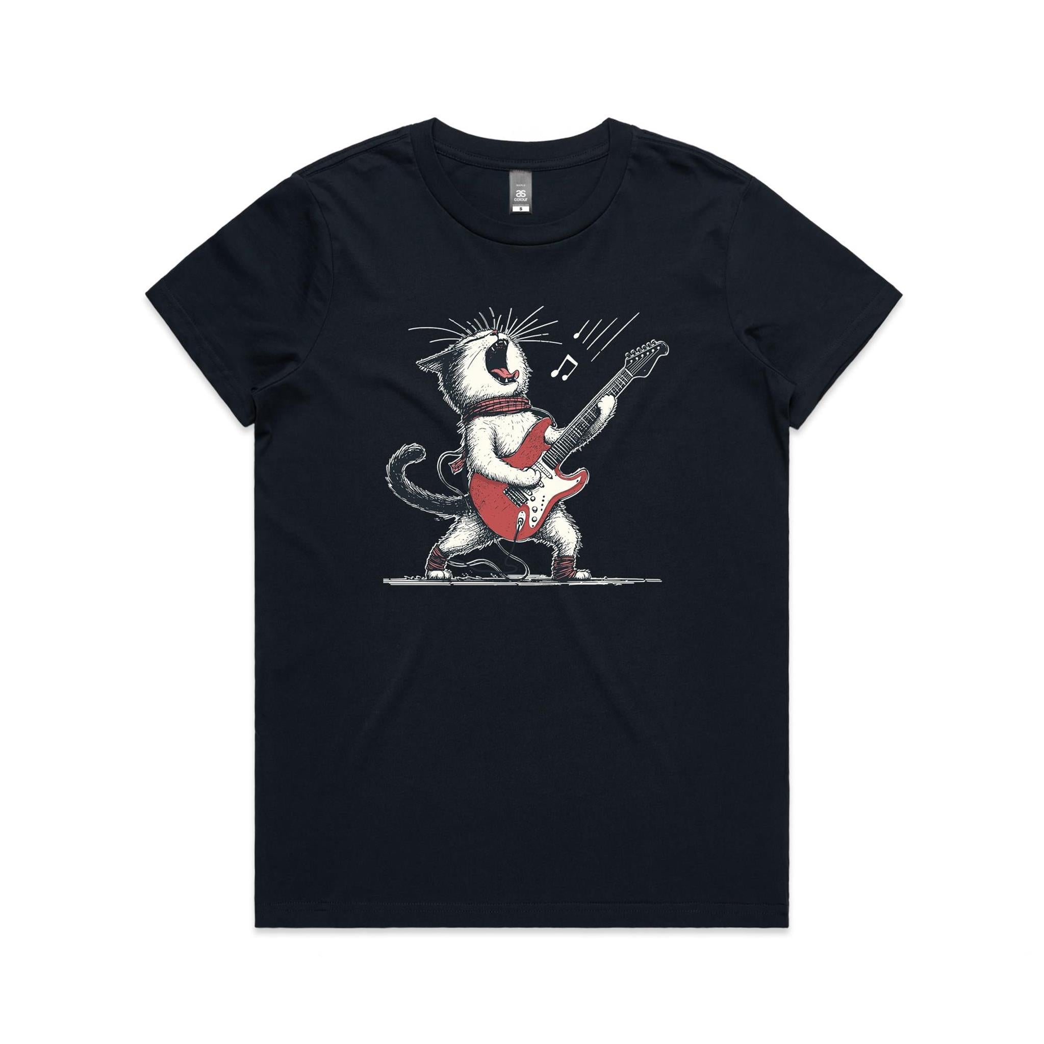 Cat Playing Guitar Women's AS Colour T-shirt Navy Womens T-shirt animal Music Printed In Australia
