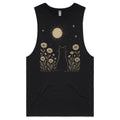 Whimsical Cat And Moon Mens Men's AS Colour Drop Arm Tank Top Black Drop Arm Tank Top animal Printed In Australia