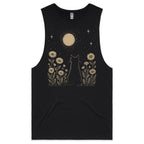Whimsical Cat And Moon Mens Men's AS Colour Drop Arm Tank Top Black Drop Arm Tank Top animal Printed In Australia