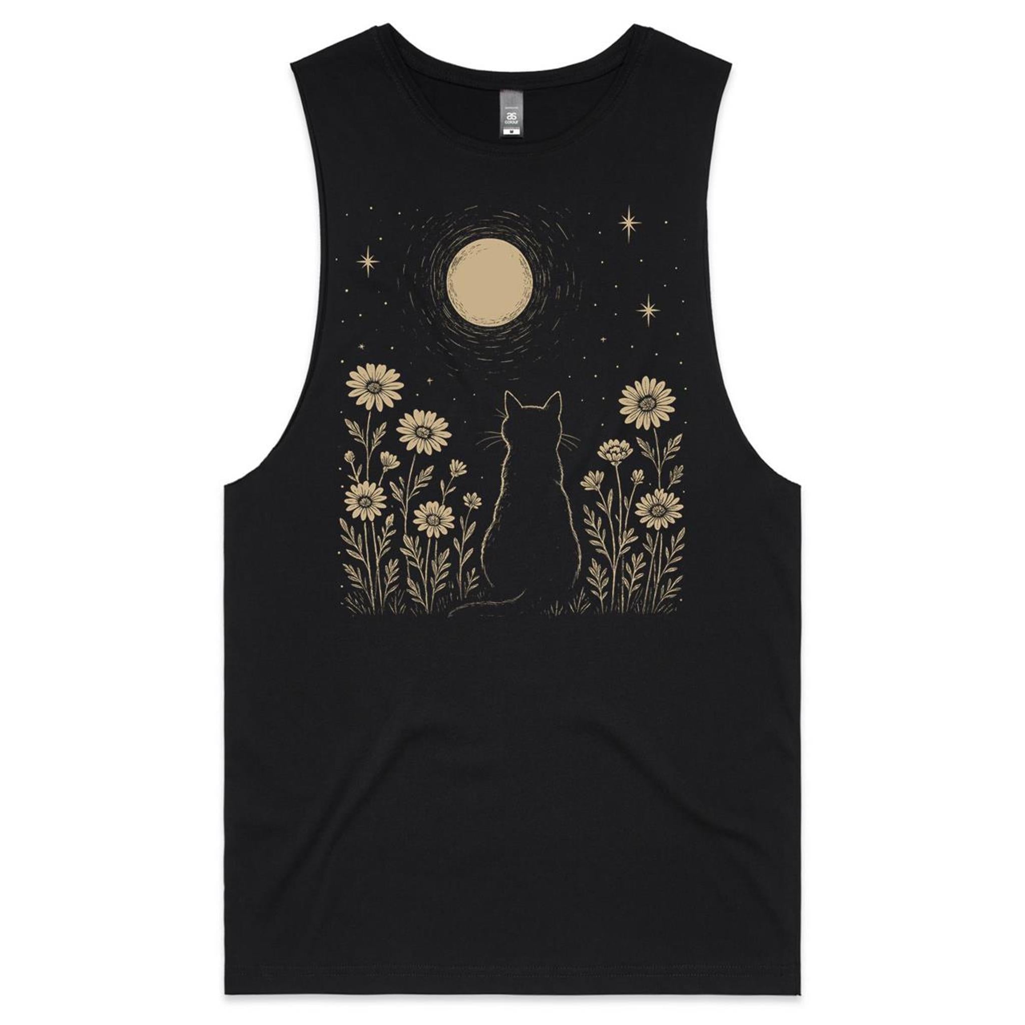 Whimsical Cat And Moon Mens Men's AS Colour Drop Arm Tank Top Black Drop Arm Tank Top animal Printed In Australia