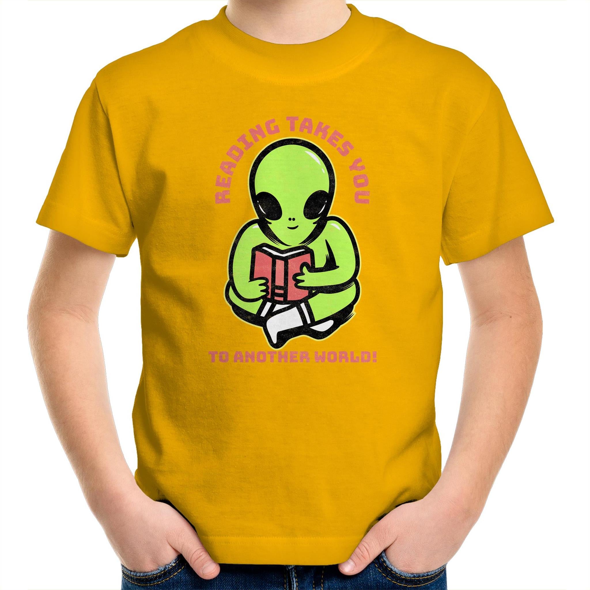 Reading Takes You To Another World, Alien - Kids Youth T-Shirt Gold Kids Youth T-shirt Printed In Australia Reading Sci Fi