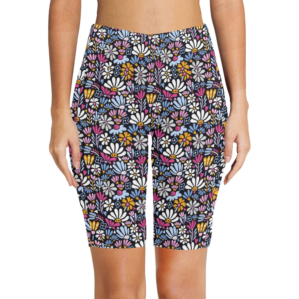 Graphic Flowers On Black Women's Bike Shorts With Side Pockets Women's Bike Shorts Plants Printed Offshore