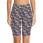 Graphic Flowers On Black Women's Bike Shorts With Side Pockets Women's Bike Shorts Plants Printed Offshore