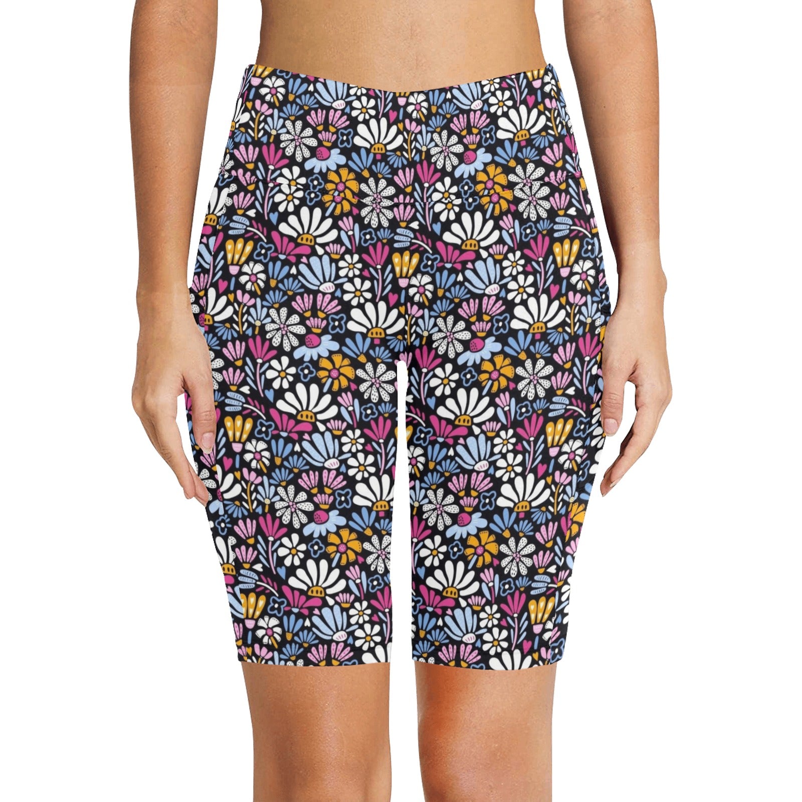 Graphic Flowers On Black Women's Bike Shorts With Side Pockets Women's Bike Shorts Plants Printed Offshore