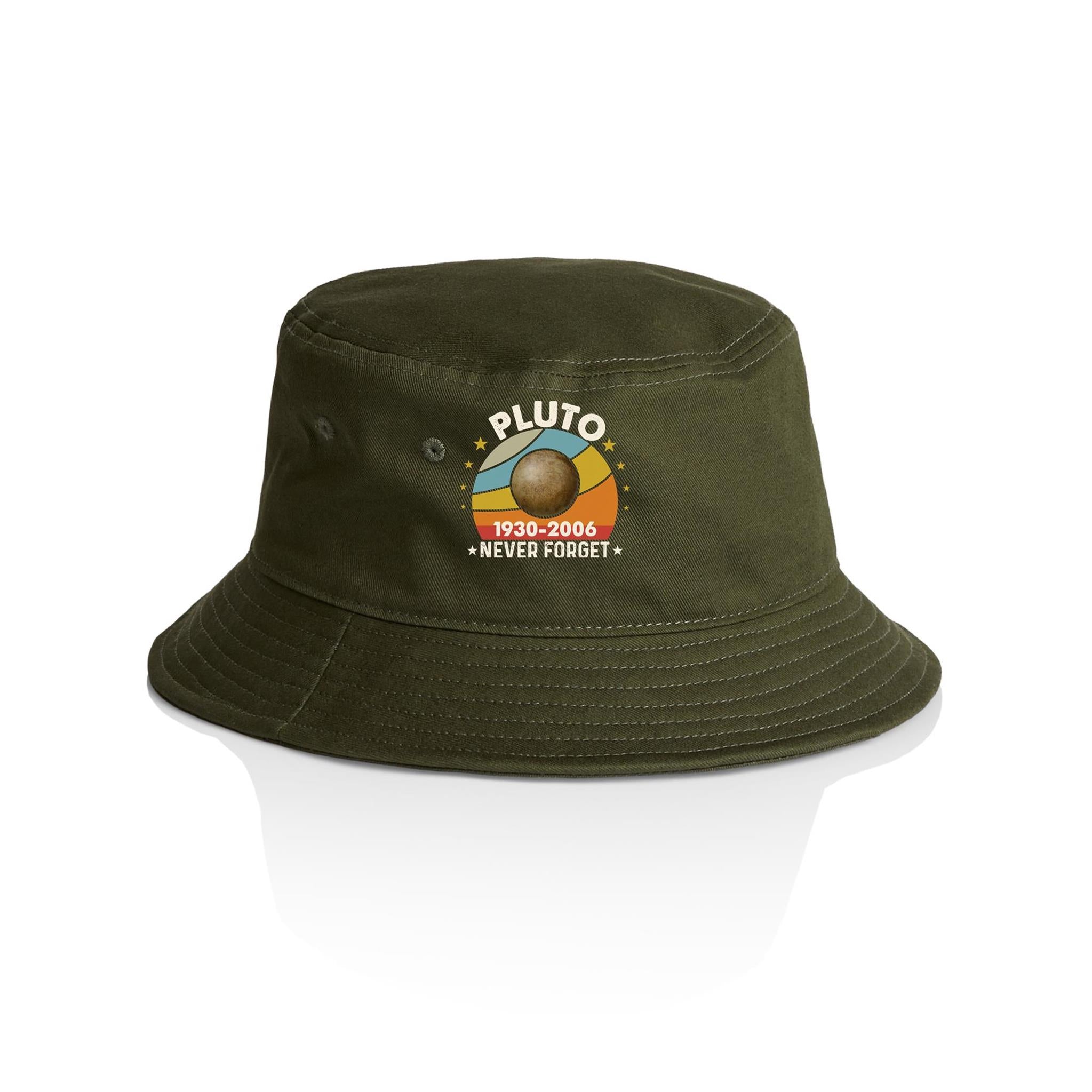 Never Forget Pluto - AS Colour Bucket Hat Army One Size As Colour Bucket Hat Printed In Australia Space