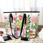 Books, Flowers And Butterflies - Leather Tote Bag-Large