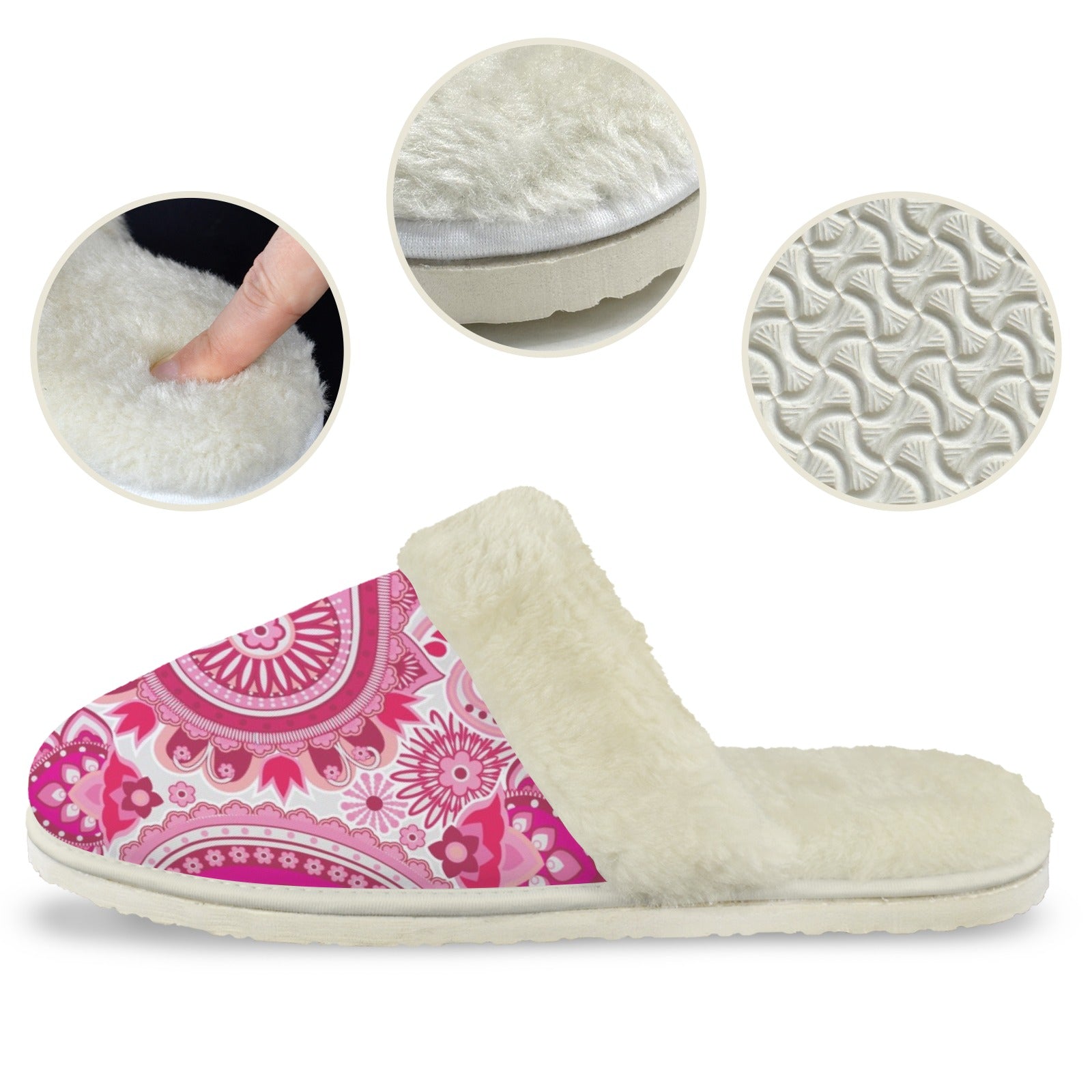Pink Paisley Women's Fur Trim Thick-Sole Indoor Slippers Women's Fur Trimmed Slippers Printed Offshore