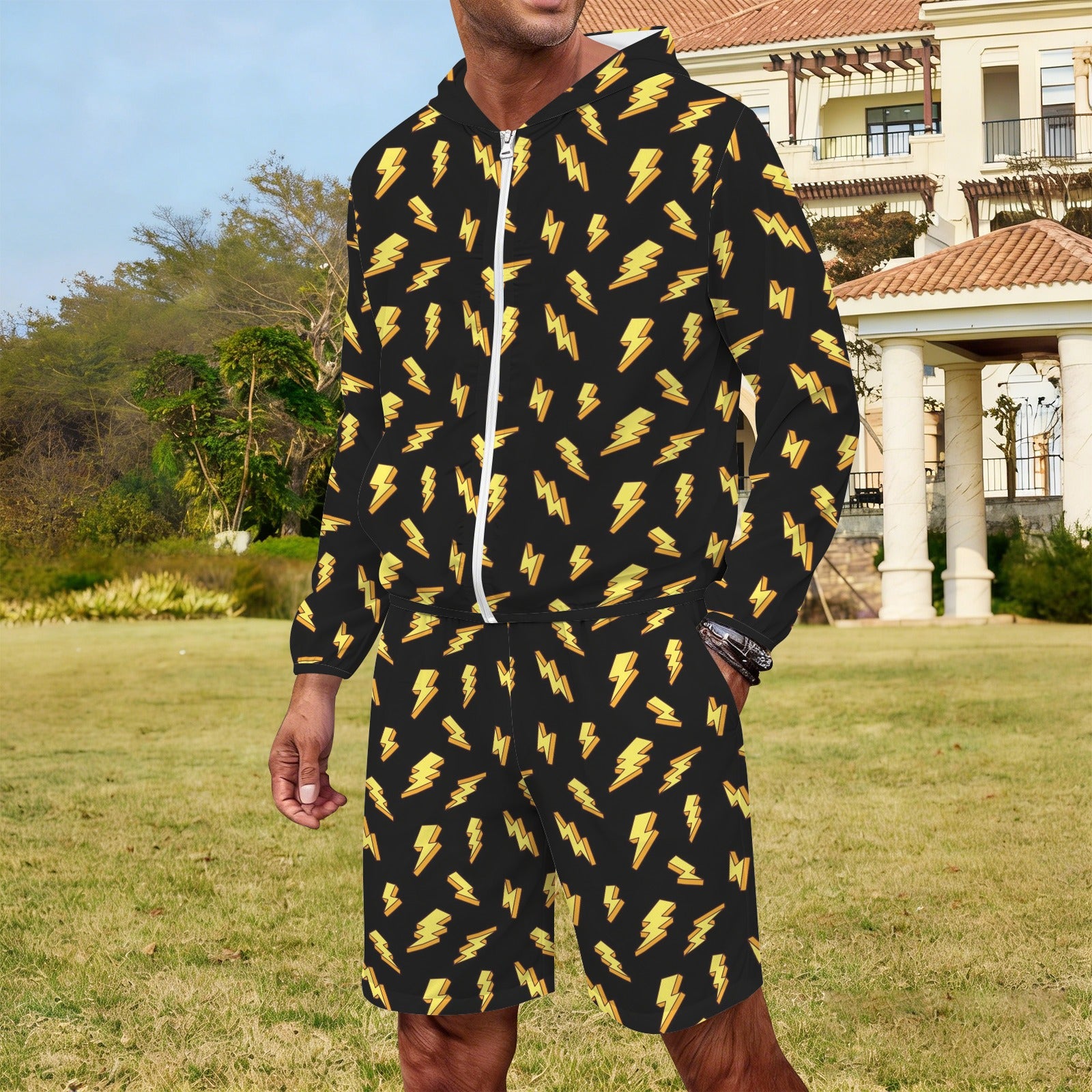 Lightning Bolts Men's Lightweight Sun Hoodie & Shorts Set Men's Lightweight Sun Hoodie & Shorts comic Printed Offshore