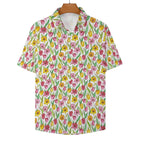 Pink And Yellow Floral Women's Collared Pocketless Short Sleeve Shirt