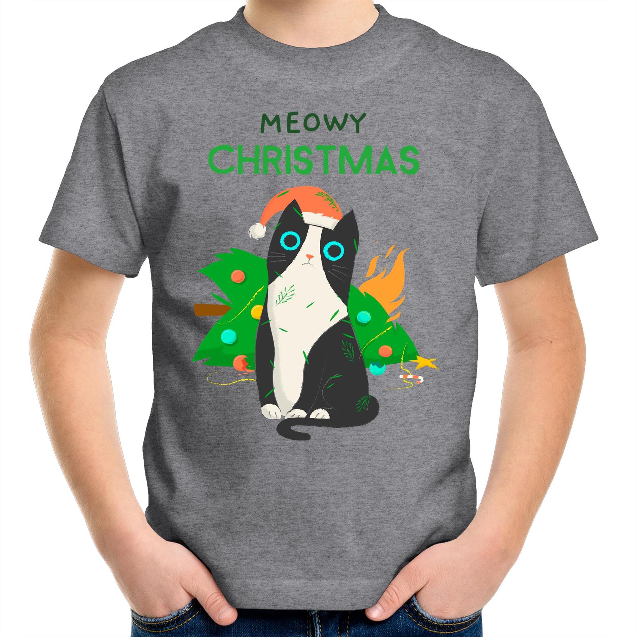 Meowy Christmas - Kids Youth T-Shirt Grey Marle Kids Christmas T-shirt Christmas Printed In Australia