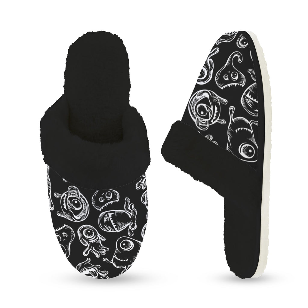 Monsters In Black And White Women's Fur Trim Thick-Sole Indoor Slippers Women's Fur Trimmed Slippers Printed Offshore Sci Fi