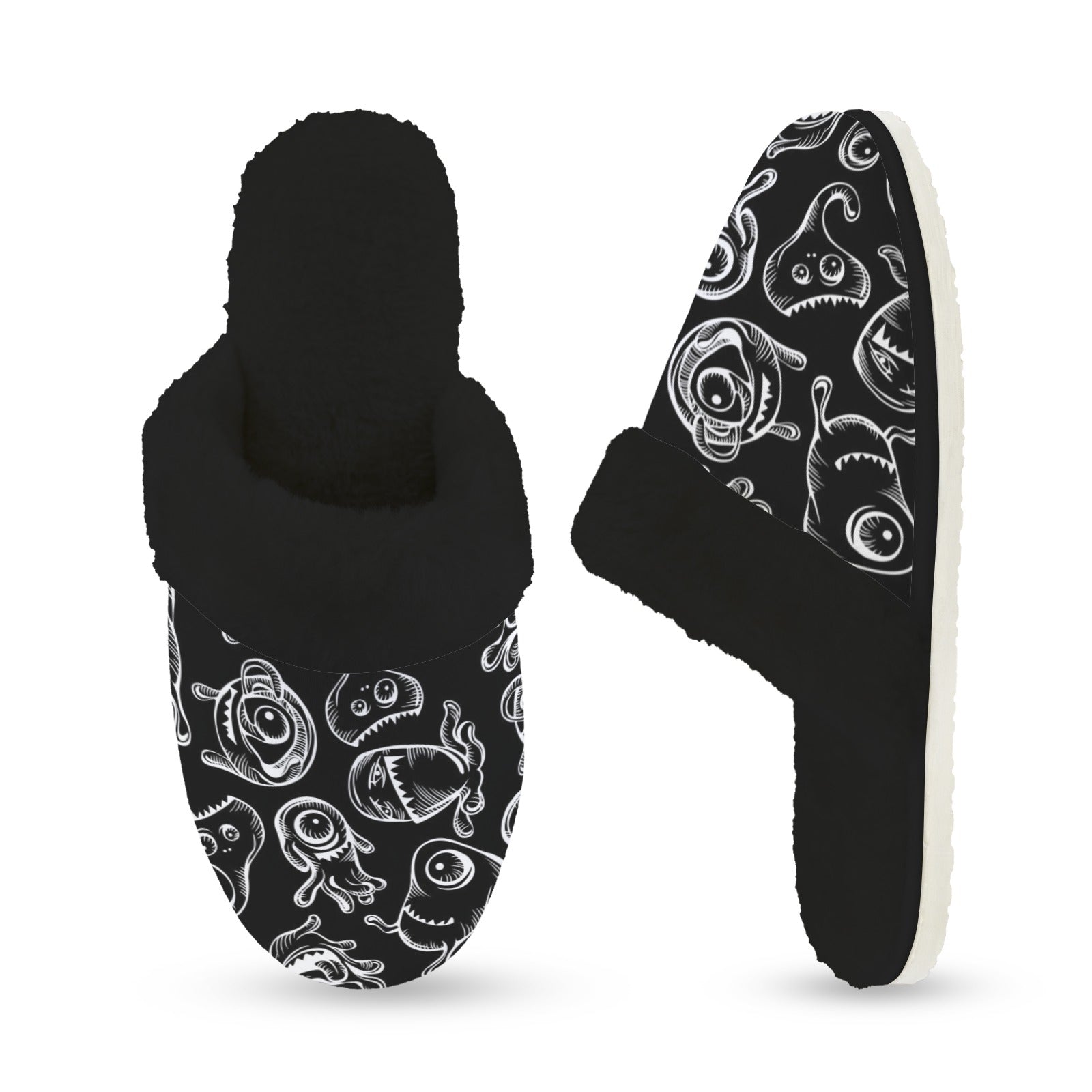 Monsters In Black And White Women's Fur Trim Thick-Sole Indoor Slippers Women's Fur Trimmed Slippers Printed Offshore Sci Fi