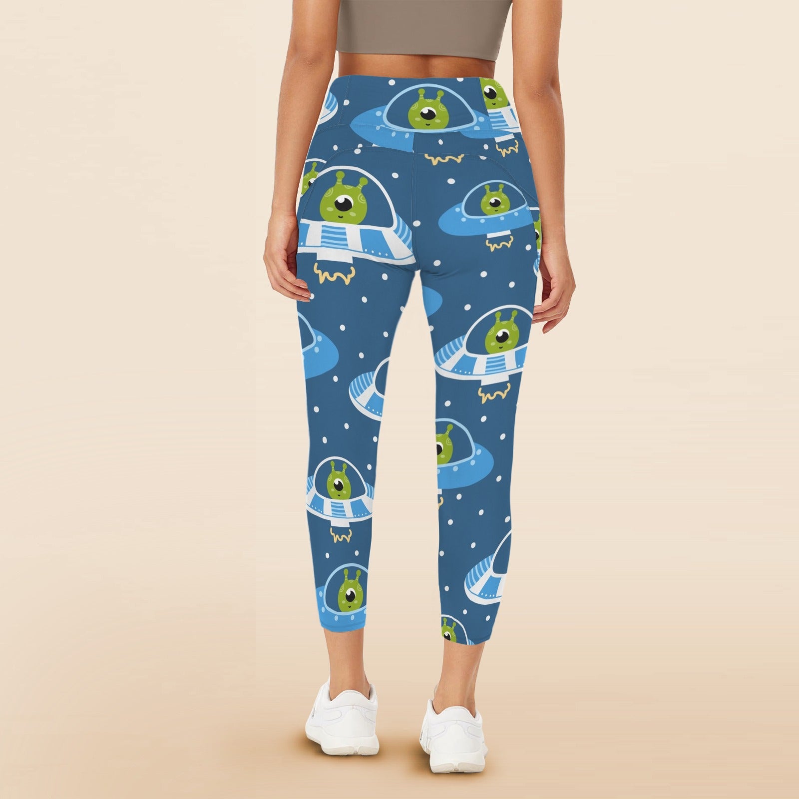 Cute Aliens in UFOs - Women's High Waist Pockets Yoga Leggings