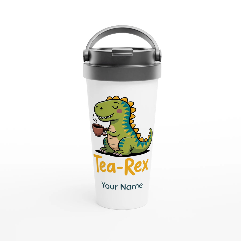 Personalised Tea-Rex, Tea Drinking Dinosaur White 15oz Stainless Steel Travel Mug Default Title Personalised Travel Mug Globally Fulfilled Tea