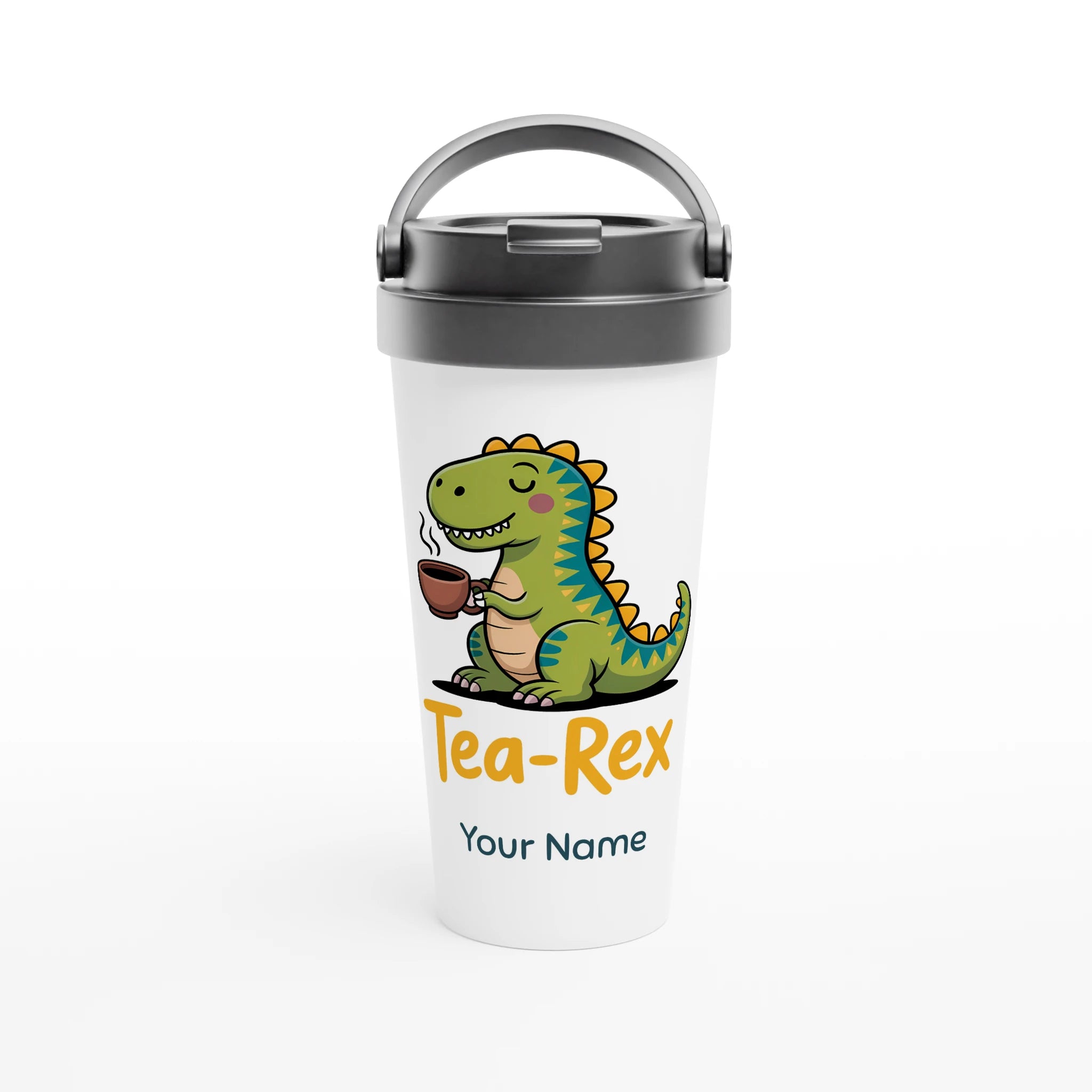 Personalised - Tea-Rex, Tea Drinking Dinosaur - White 15oz Stainless Steel Travel Mug Default Title Personalised Travel Mug Globally Fulfilled Tea