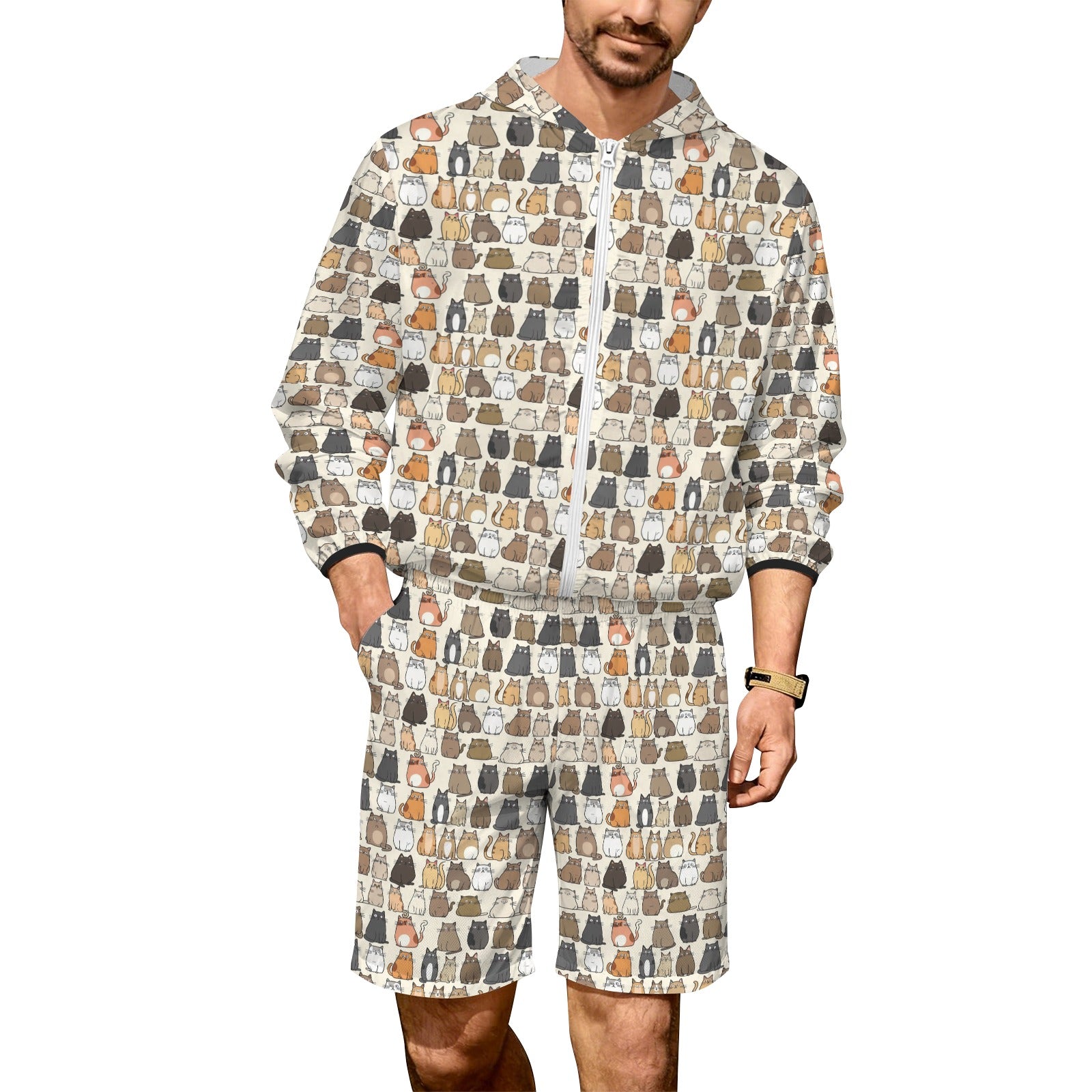 Lots Of Cats Men's Lightweight Sun Hoodie & Shorts Set 4XL Men's Lightweight Sun Hoodie & Shorts animal Printed Offshore
