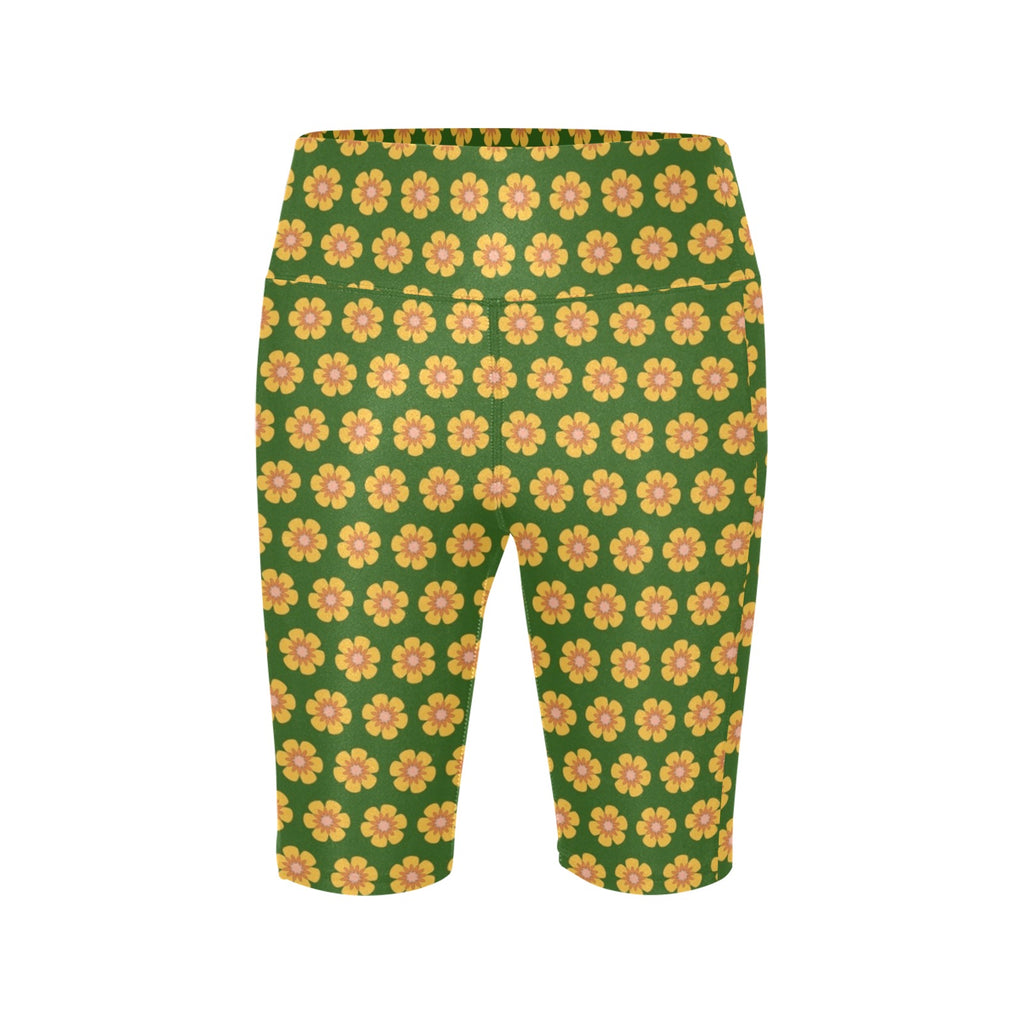 Yellow Flowers On Green Women's Bike Shorts With Side Pockets
