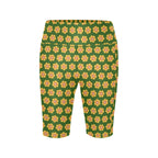 Yellow Flowers On Green Women's Bike Shorts With Side Pockets