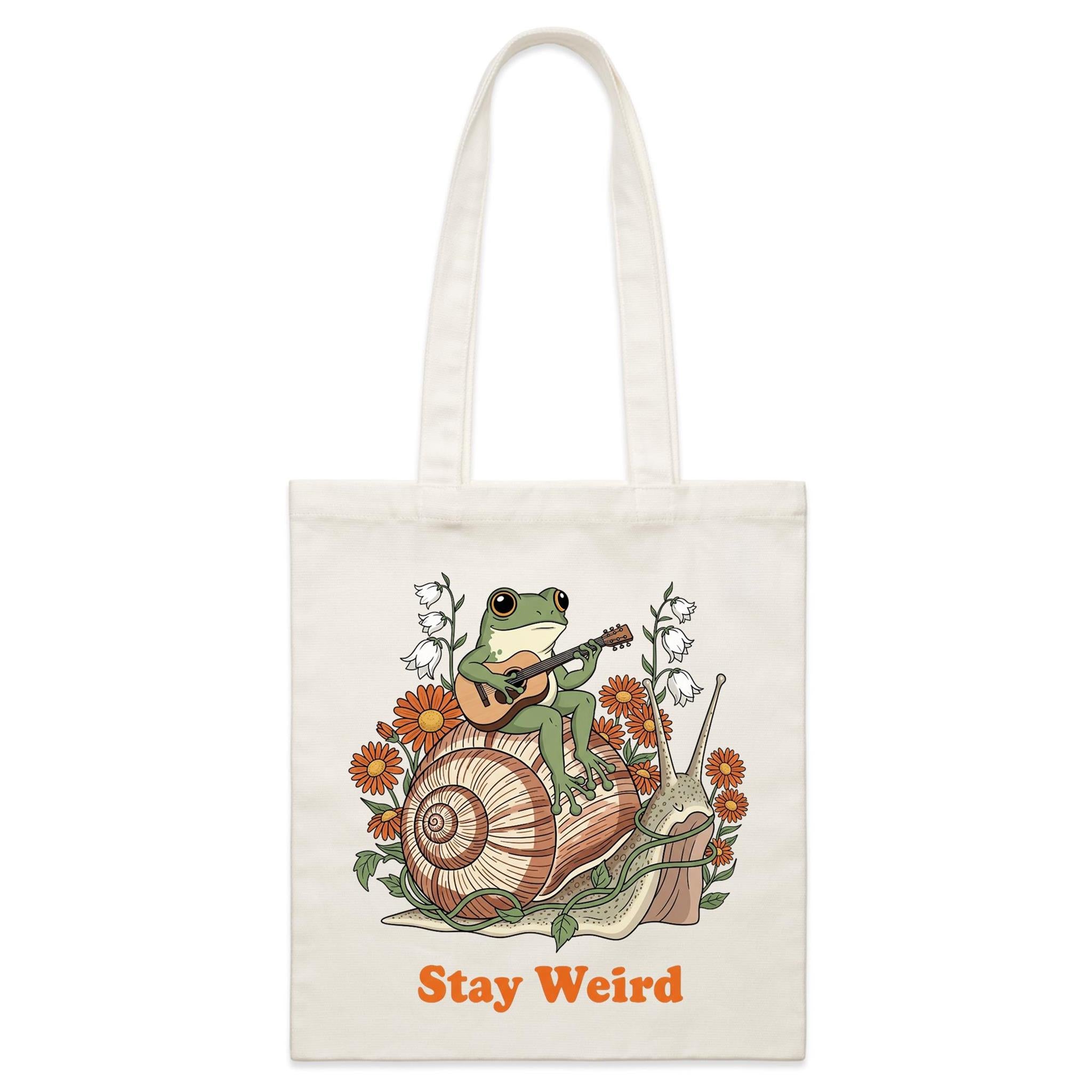 Stay Weird, Guitar Playing Frog On A Snail - Parcel Canvas Tote Bag