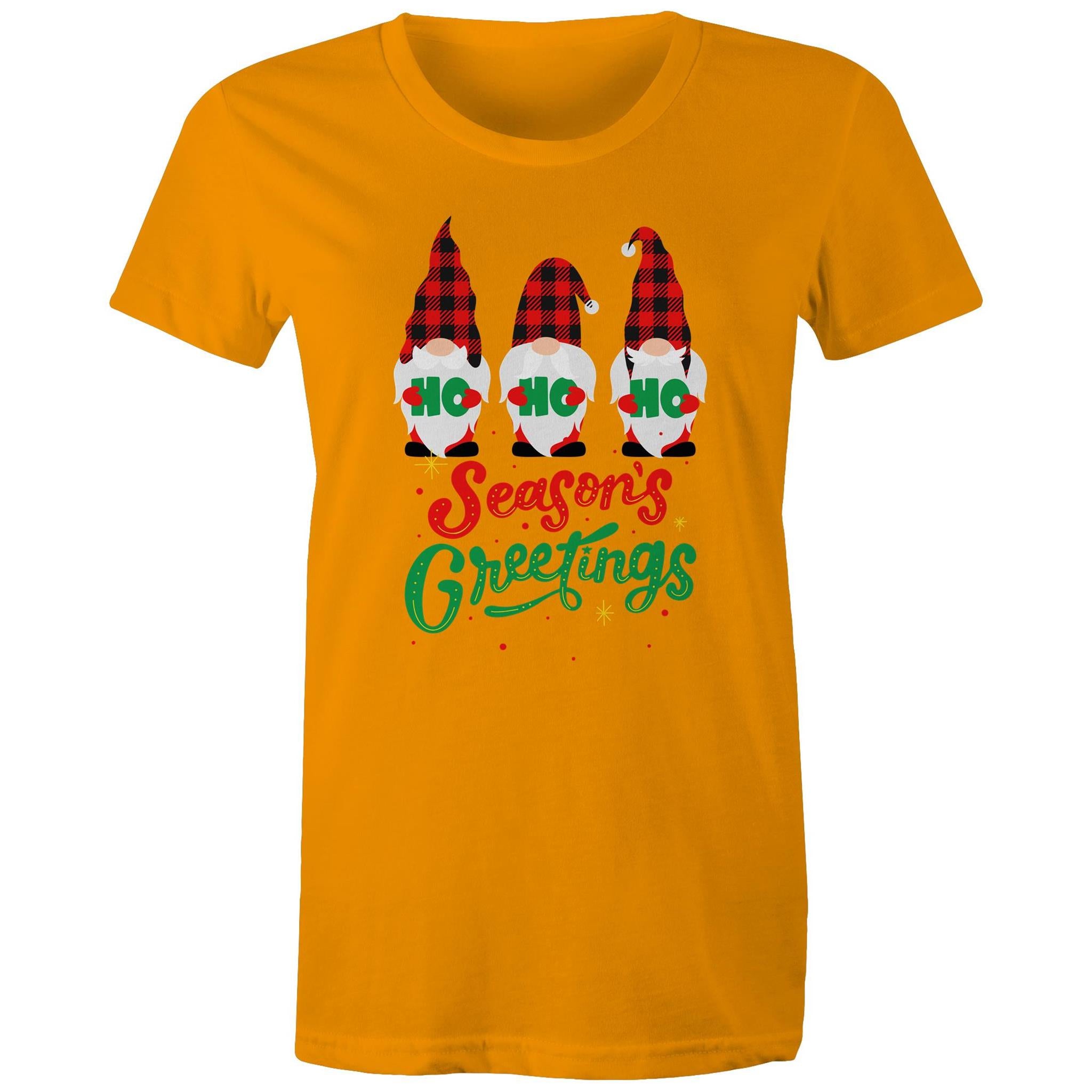 Christmas Gnomes, Seasons Greetings - Womens T-shirt Orange Womens Christmas T-shirt Christmas Printed In Australia