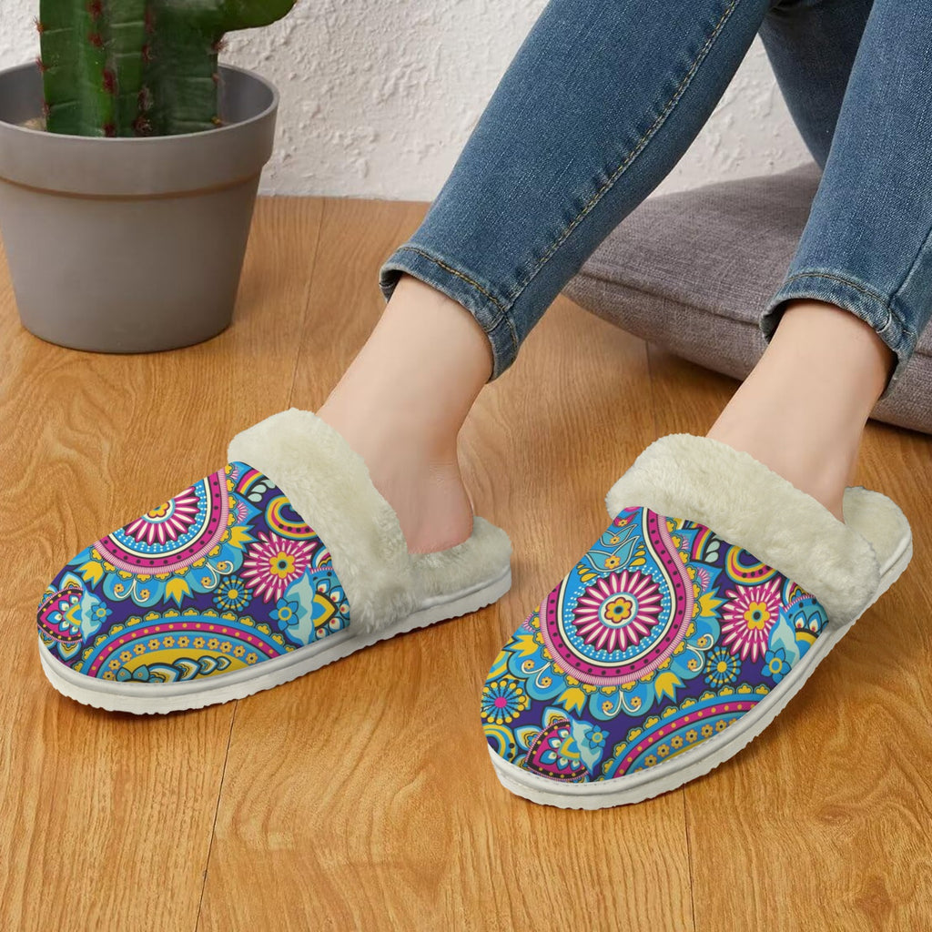 Paisley Women's Fur Trim Thick-Sole Indoor Slippers Women's Fur Trimmed Slippers Printed Offshore