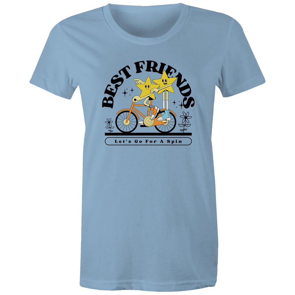 Best Friends, Riding A Bike - Womens T-shirt Carolina Blue Womens T-shirt Printed In Australia Retro