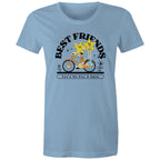 Best Friends, Riding A Bike - Womens T-shirt Carolina Blue Womens T-shirt Printed In Australia Retro