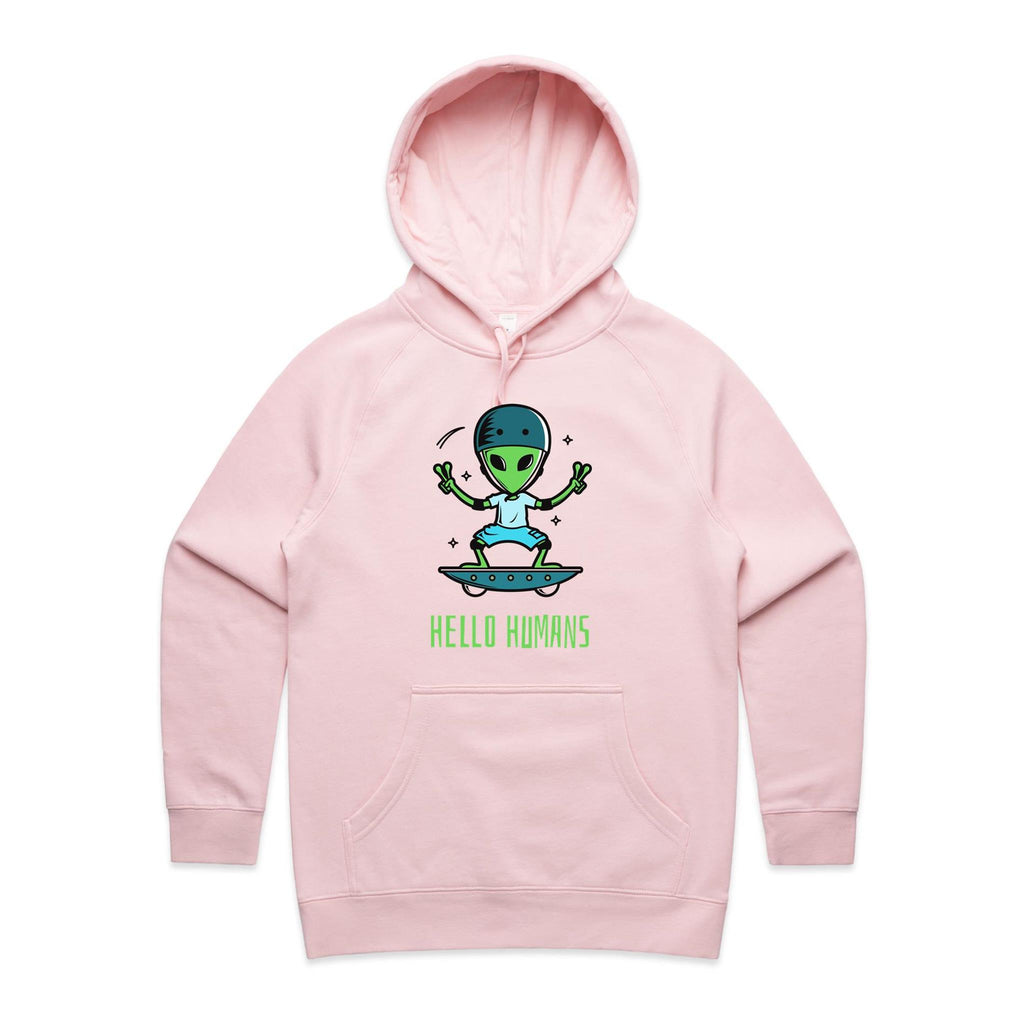 Alien, Hello Humans - Womens Hoodie Pink Womens Hoodie Printed In Australia Sci Fi