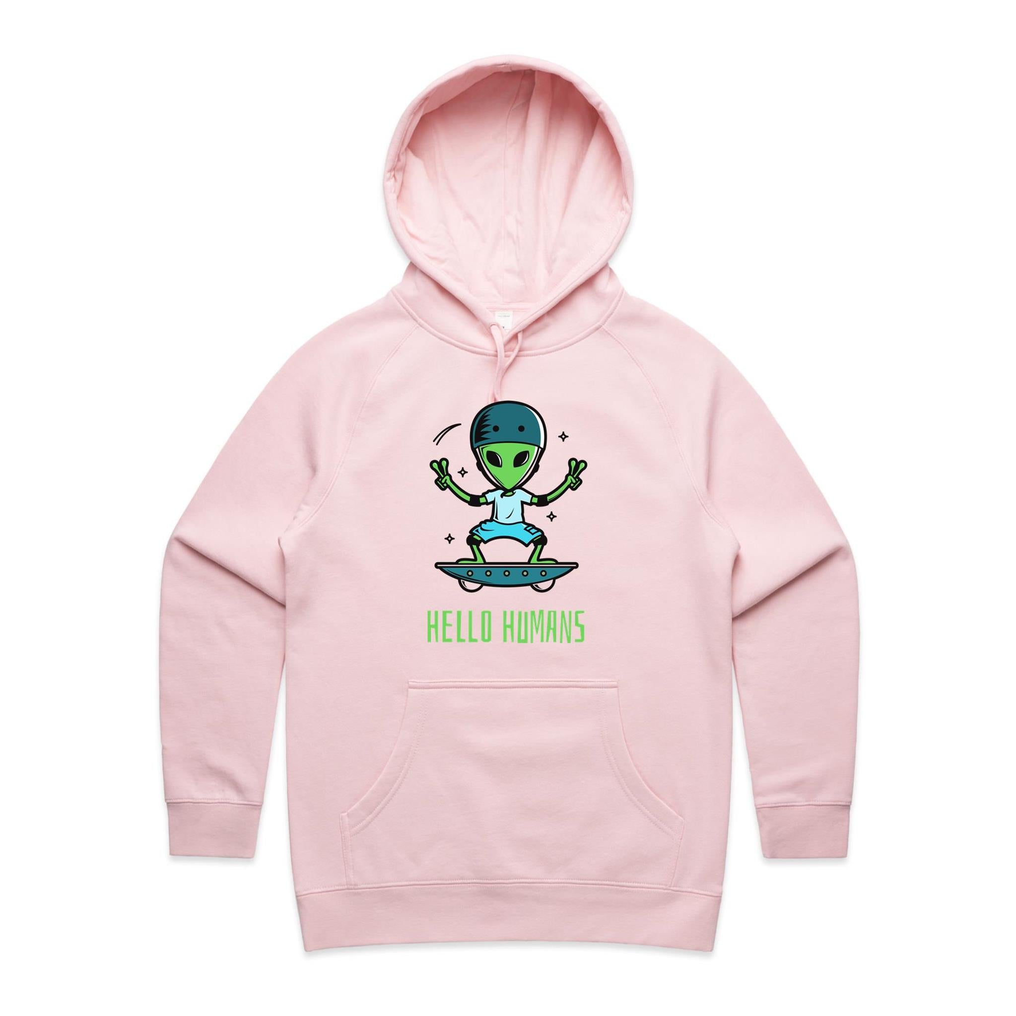 Alien, Hello Humans - Womens Hoodie Pink Womens Hoodie Printed In Australia Sci Fi