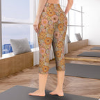 Orange Retro Floral Women's High Waist Pocket Capri Yoga Leggings