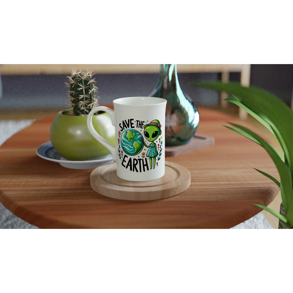 Personalised - Save The Earth, Alien - White 10oz Porcelain Slim Mug Personalised Porcelain Mug customise Environment Globally Fulfilled personalise Sci Fi