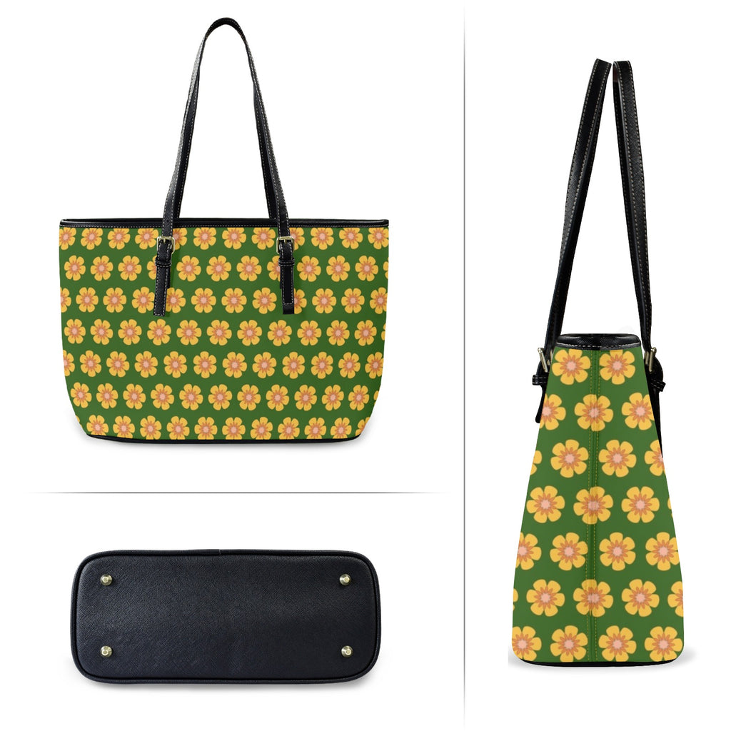 Yellow Flowers On Green PU Leather Tote Bag Large