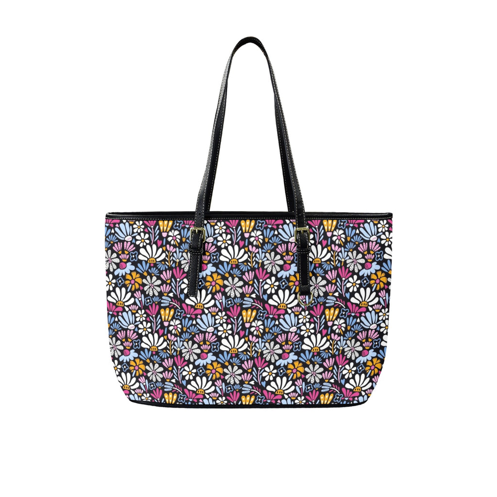 Graphic Flowers On Black PU Leather Tote Bag Large One Size Leather Tote Bag-Large Plants Printed Offshore