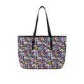 Graphic Flowers On Black PU Leather Tote Bag Large One Size Leather Tote Bag-Large Plants Printed Offshore