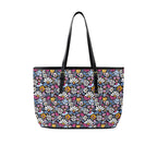Graphic Flowers On Black PU Leather Tote Bag Large One Size Leather Tote Bag-Large Plants Printed Offshore