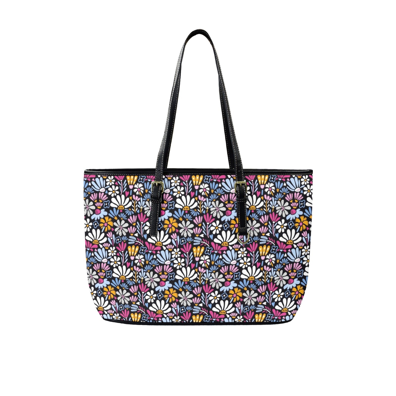 Graphic Flowers On Black - PU Leather Tote Bag - Large