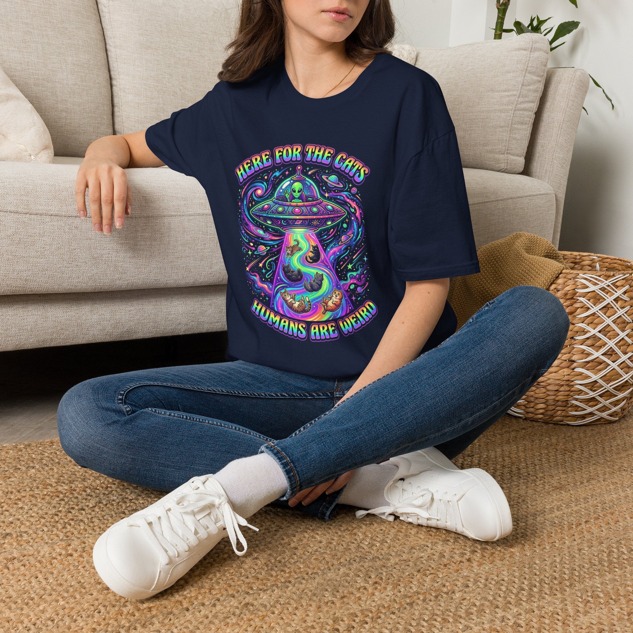Here For The Cats Alien UFO Unisex T-Shirt Unisex Adult T-shirt animal Globally Fulfilled Sci Fi