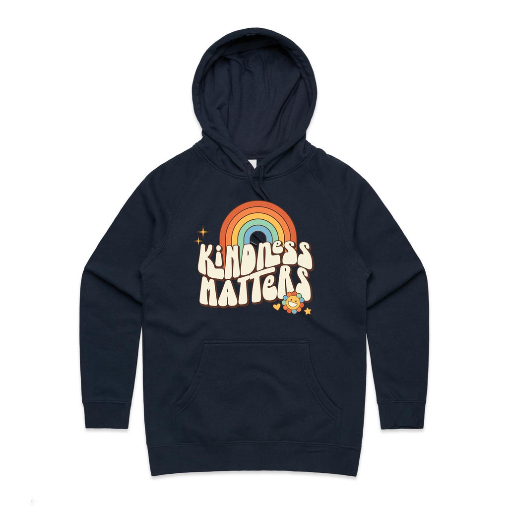 Kindness Matters - Womens Hoodie Navy Womens Hoodie Kindness Positivity Printed In Australia Retro