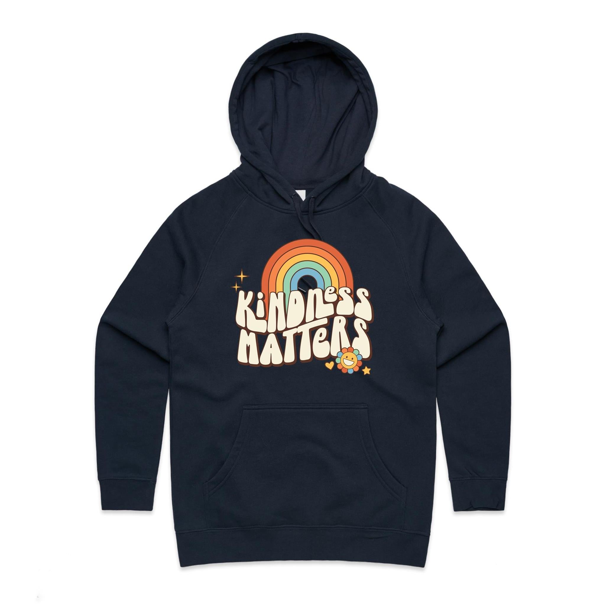 Kindness Matters - Womens Hoodie Navy Womens Hoodie Kindness Positivity Printed In Australia Retro