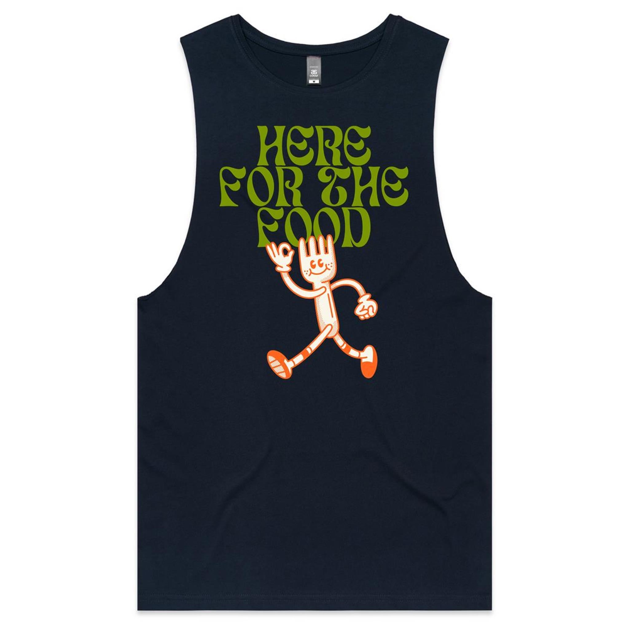 Here For The Food - Mens Tank Top Tee Navy Drop Arm Tank Top Food Printed In Australia