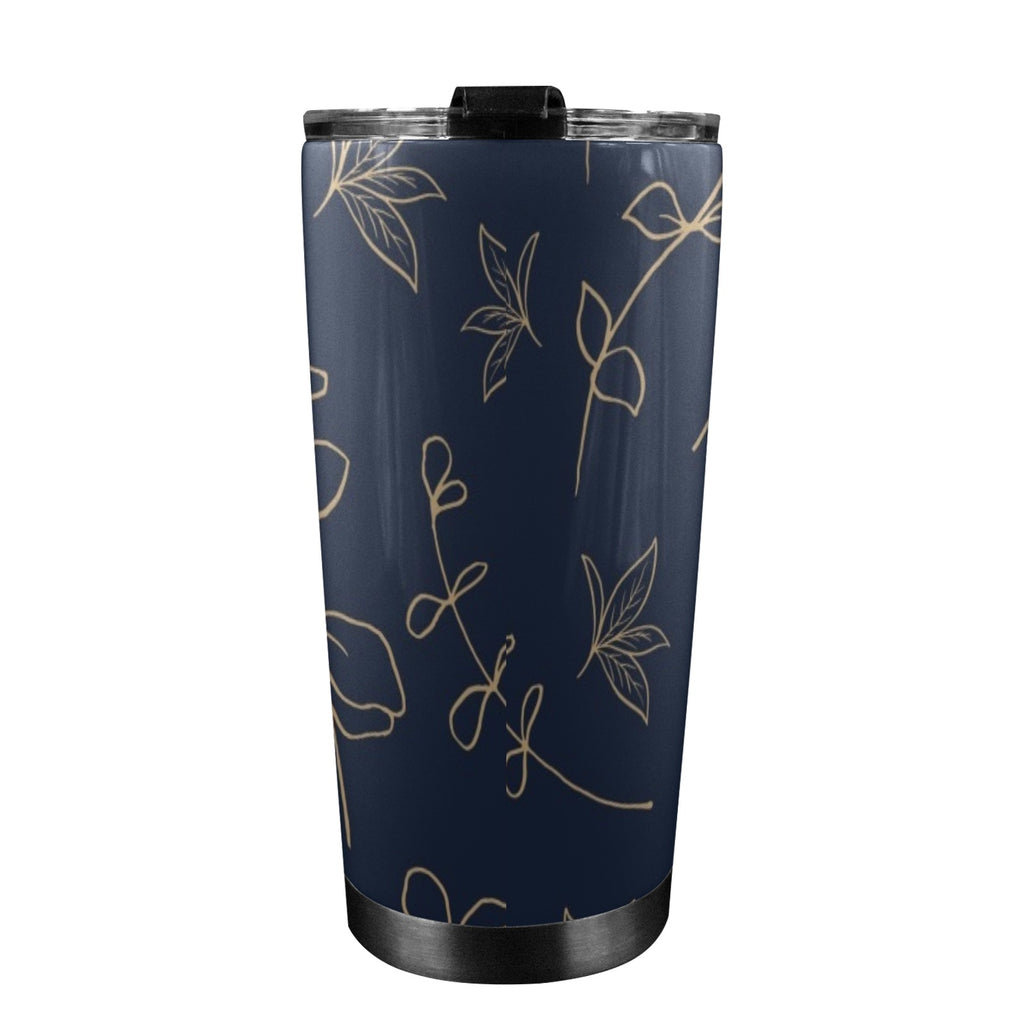 Gold Flowers On Navy - 20oz Mobile Tumbler with Lid (Black Lock) 20oz Travel Mug Printed Offshore