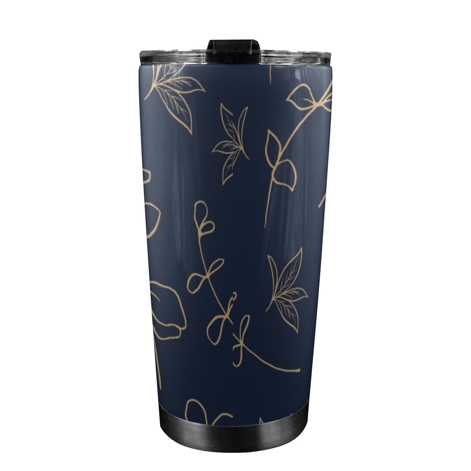 Gold Flowers On Navy - 20oz Mobile Tumbler with Lid (Black Lock) 20oz Travel Mug Printed Offshore