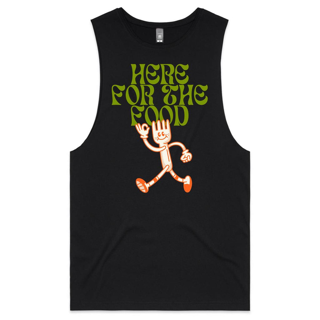 Here For The Food Mens Men's AS Colour Drop Arm Tank Top Black Drop Arm Tank Top Food Printed In Australia